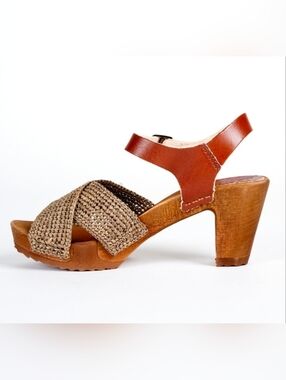 Bosabo Brown Leather and Woven Sandals High Heel Clog Sandal Raphia Cognac Sz 8